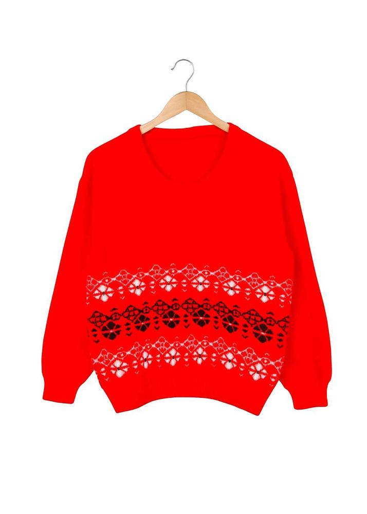Red Patterned V-Neck Sweater