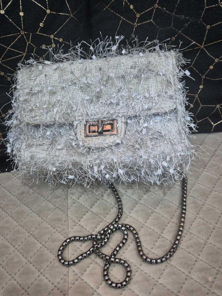 Fuzzy Silver Chain Bag