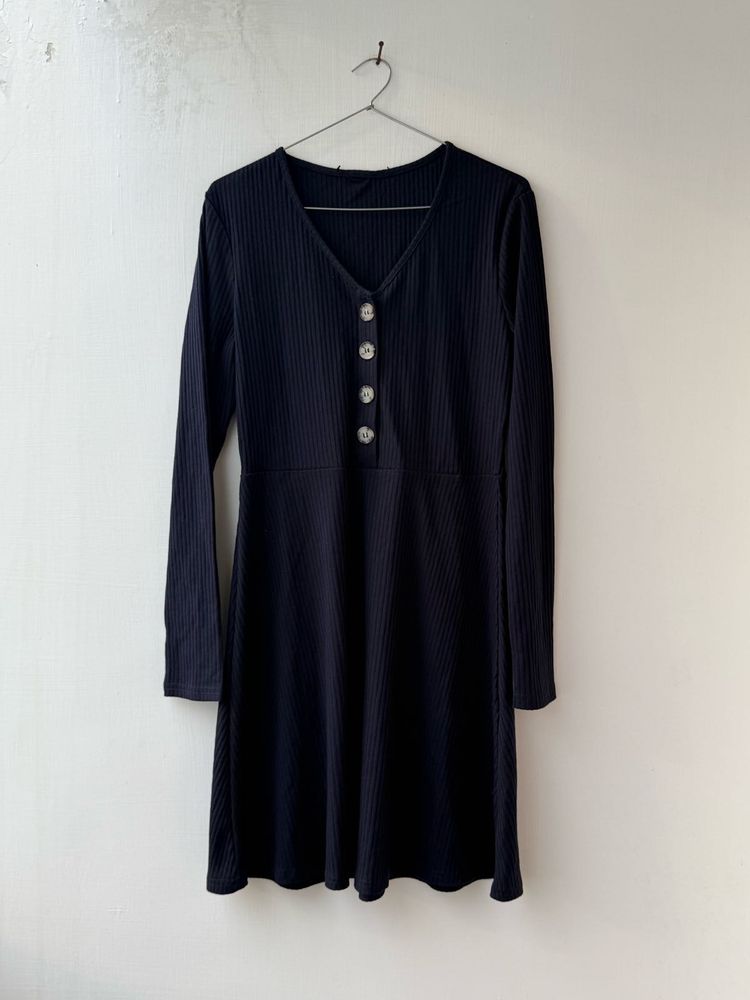 Black Ribbed Long Sleeve Dress