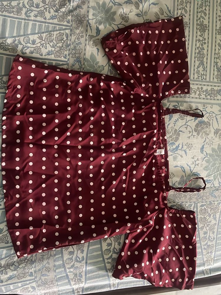 Maroon Polka Dot Cold Shoulder Top