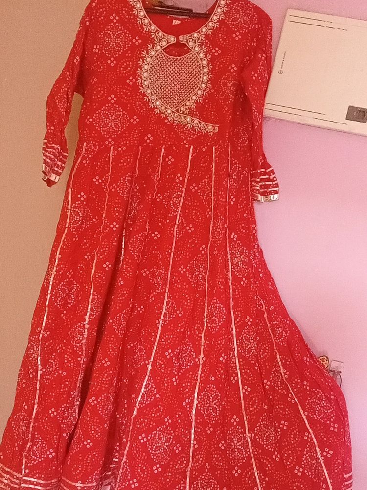 Anarkali Gown, Rajasthani Bandaj Print,