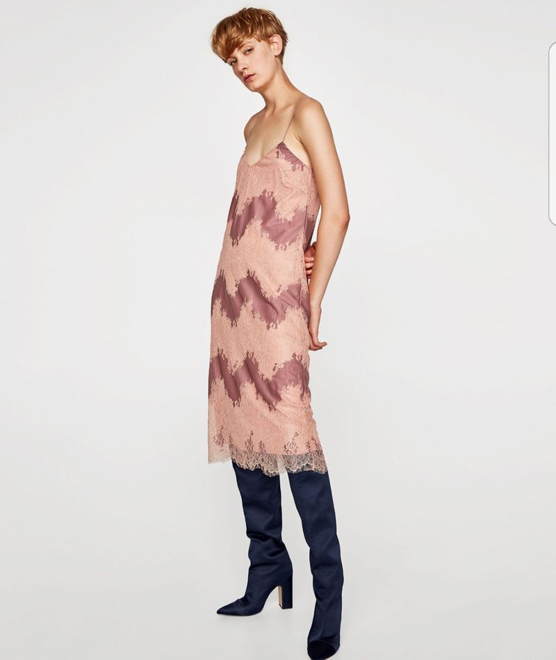 Zara Pink Mauve Delicate Lace Slip Midi Dress