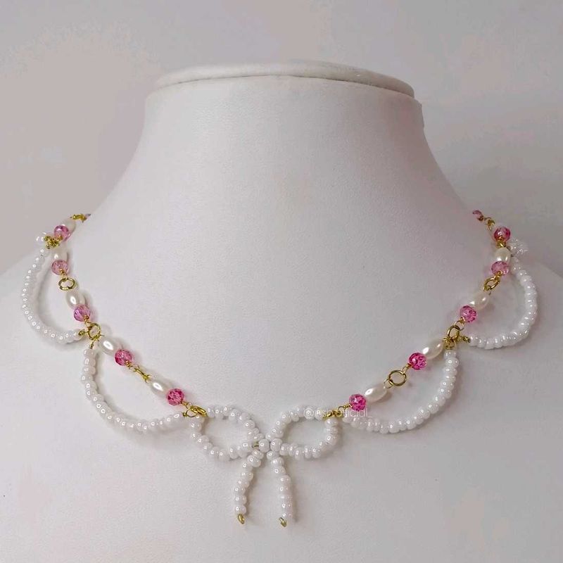 Pearl &amp; Pink Bead Bow Necklace