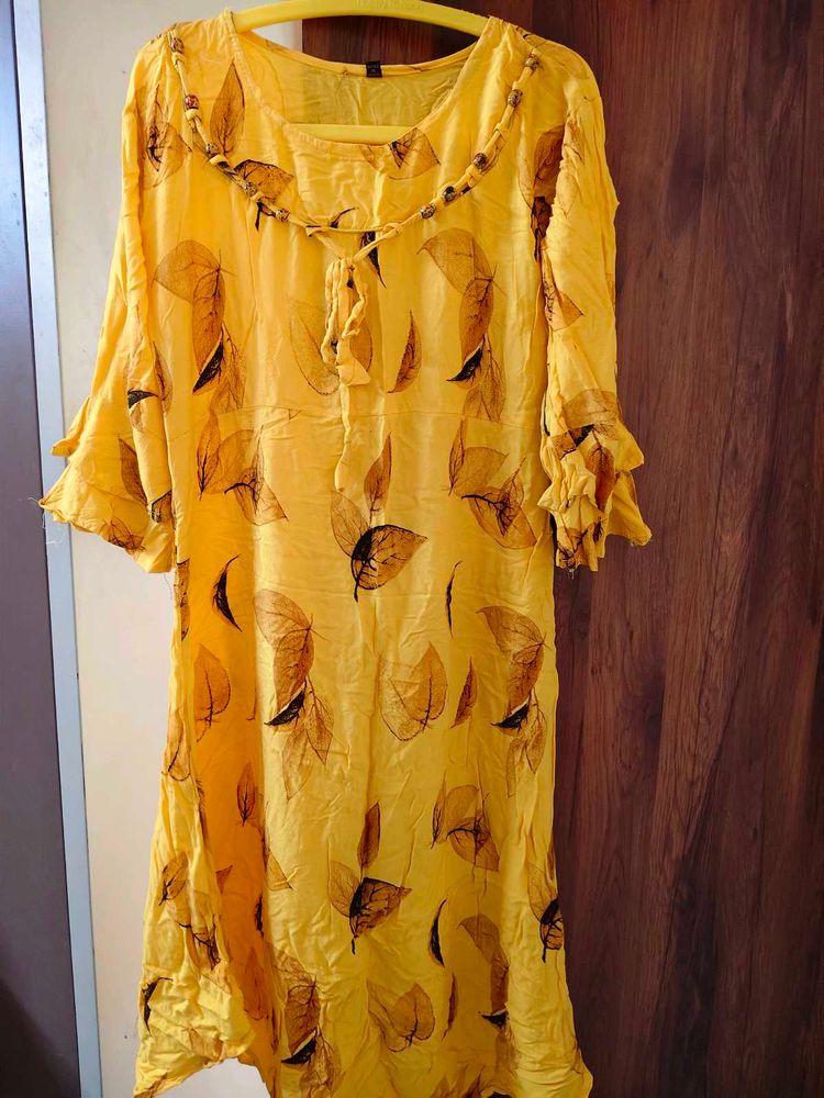 Yellow Leaf Print Midi Dress