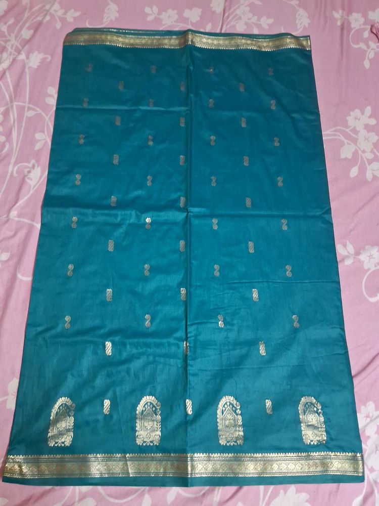 Teal &amp; Gold Soft Silk Cotton Saree