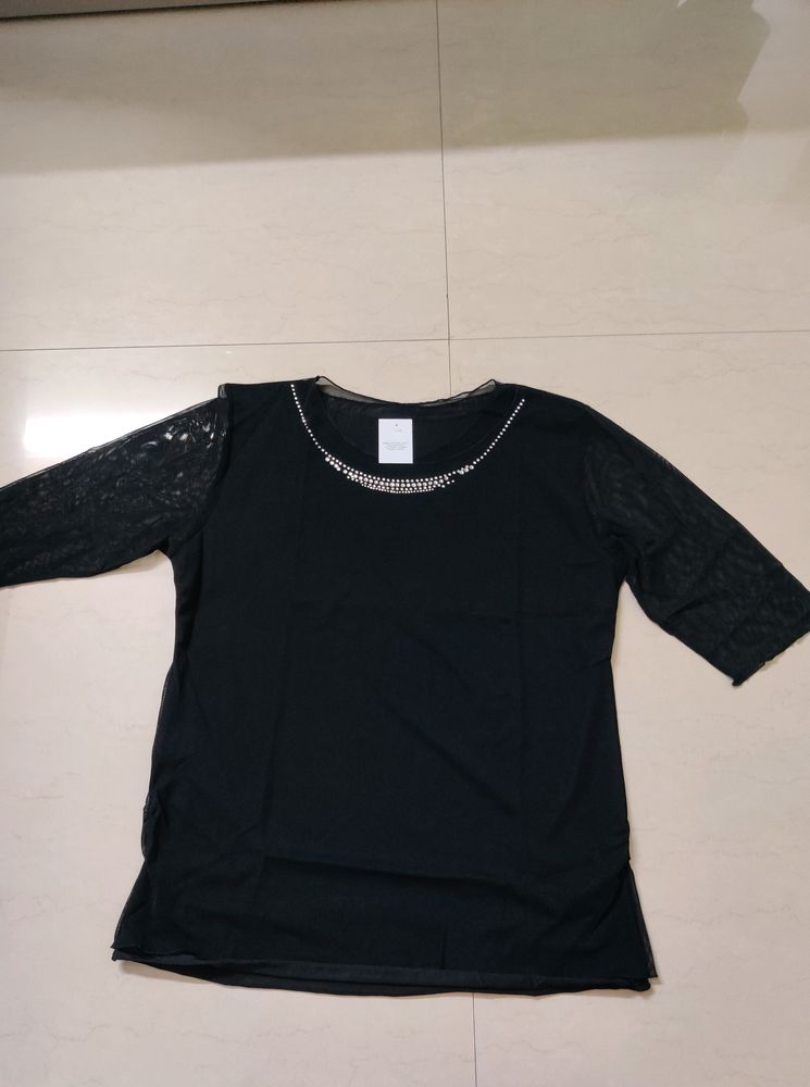 Black Net Top With Stone Work Around The Neck Line