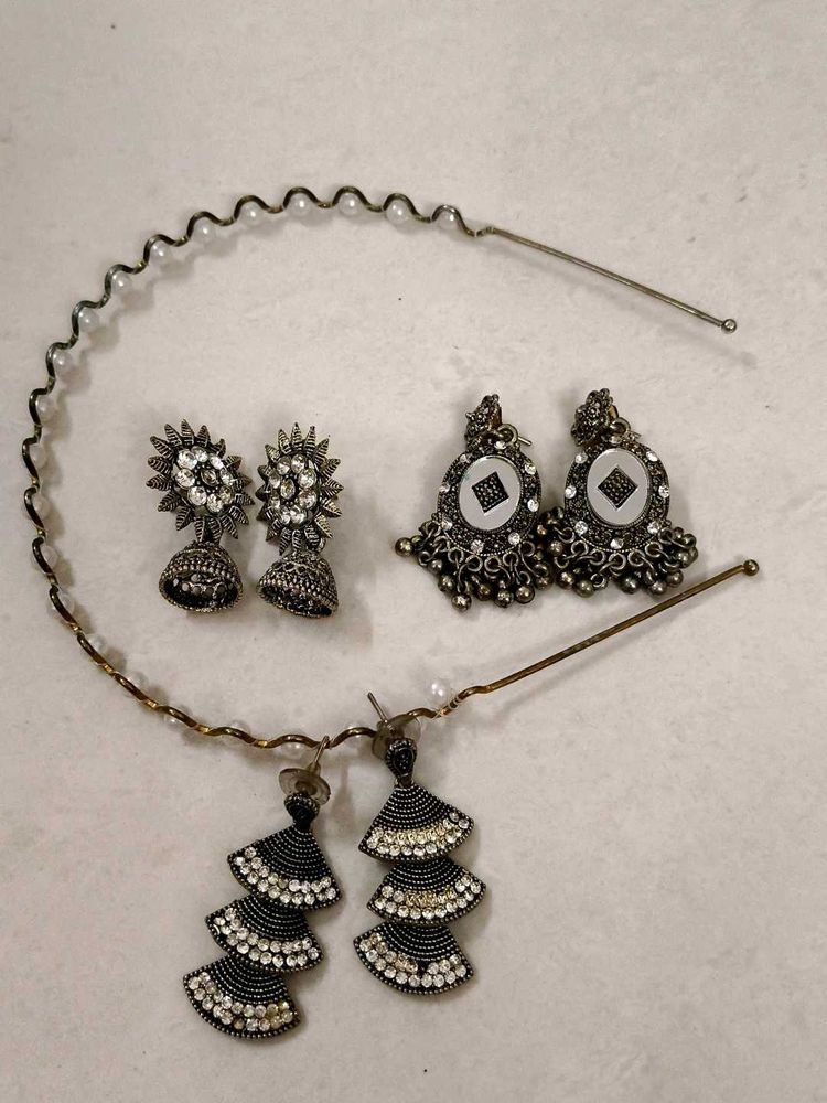 Silver Earring 3 Sets with Pearl Hair Band