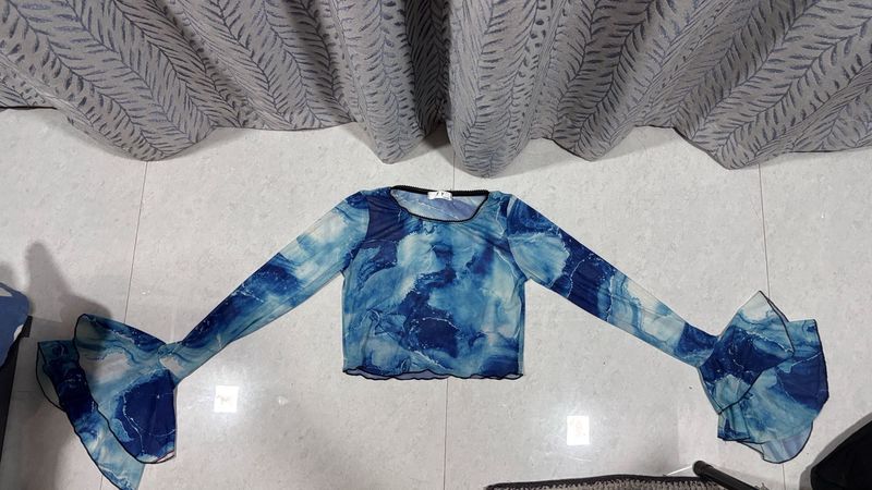 Blue Patterned Mermaid Sleeve Top