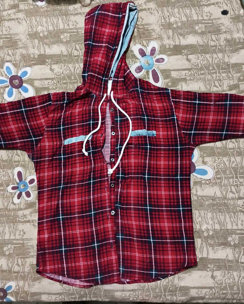 Stylish Red Plaid Hooded Shirt