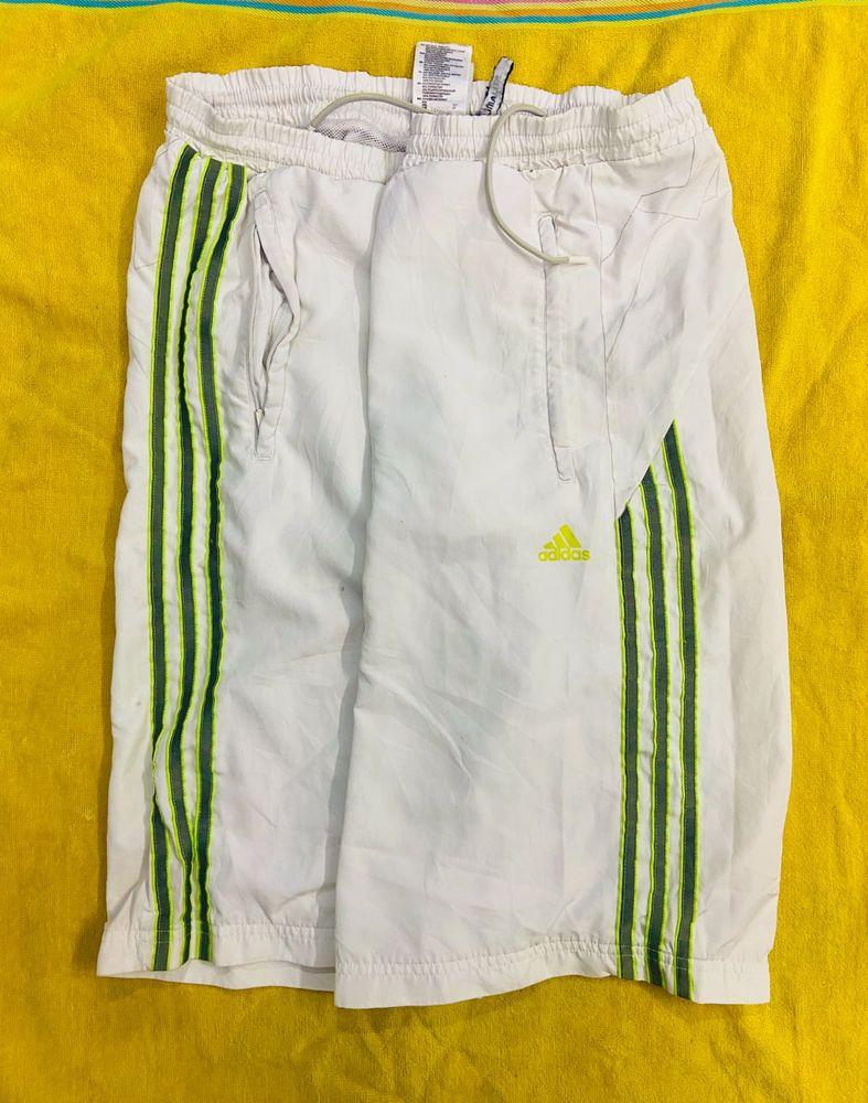 Adidas White &amp; Green Striped Shorts