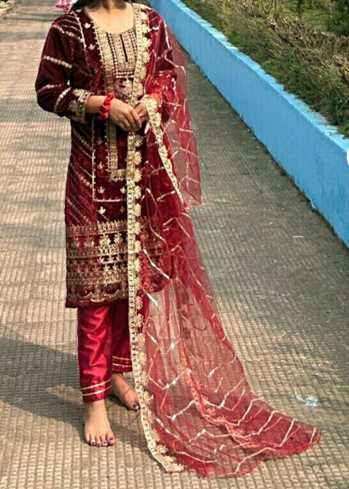 Sale🎉Velvet Cording Sequence Embroidery Work Suit