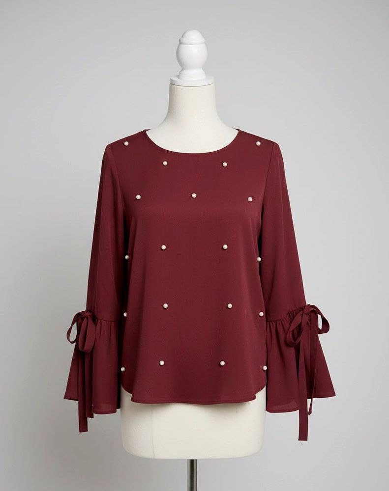 Burgundy Top with pearls Ruffle bell Sleeves