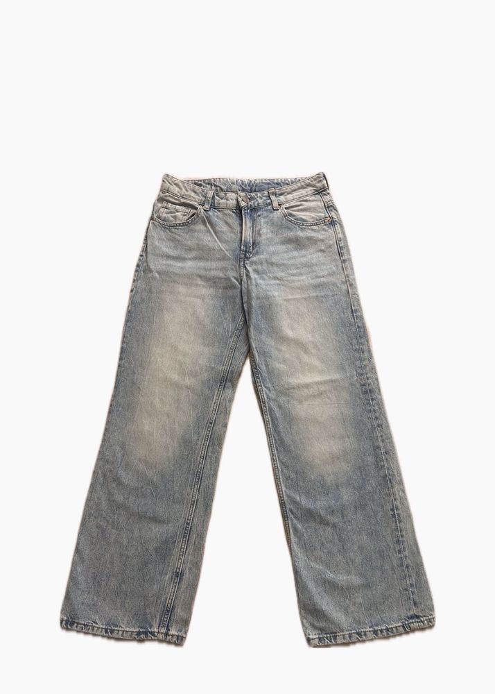 blue washed-out straight leg jeans