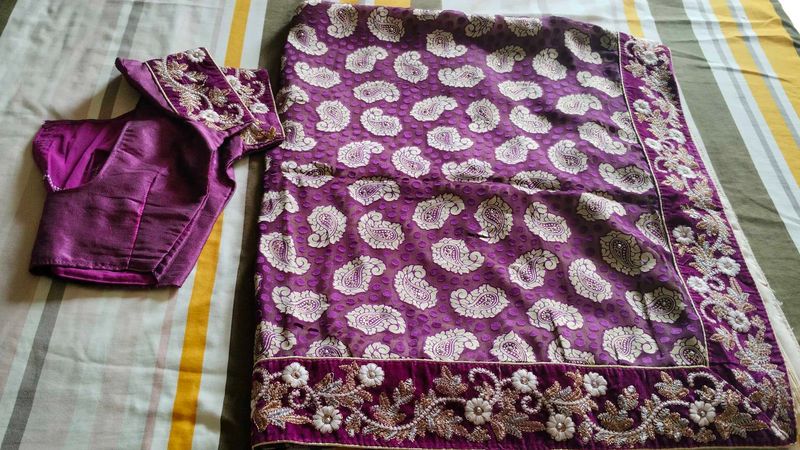 Purple And Cream Sari With Blouse
