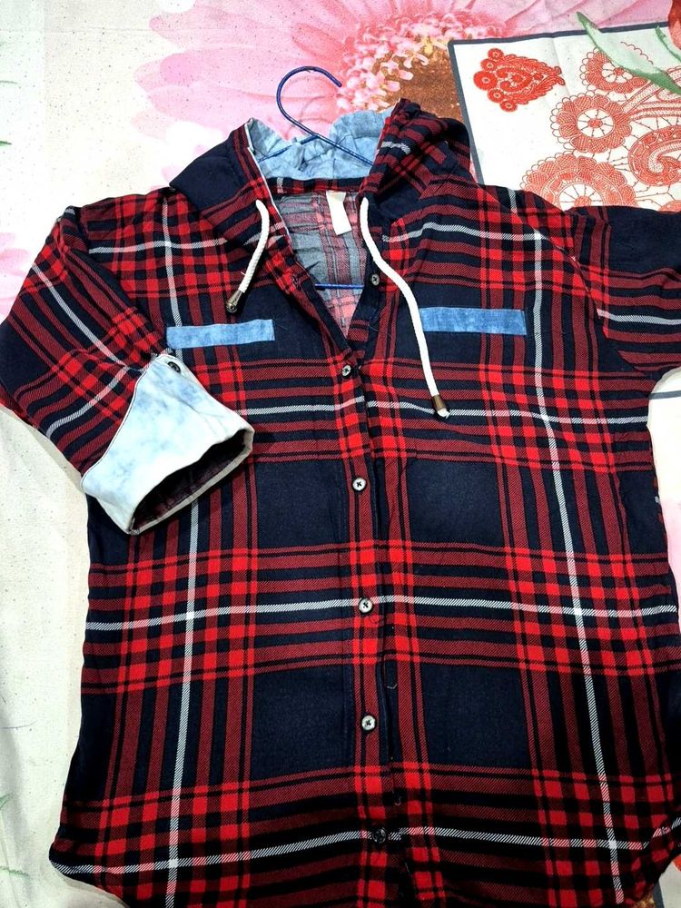 Red &amp; Black Plaid Hoodie Shirt