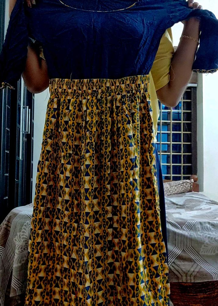 Navy Blue And Yellow Combination Dress