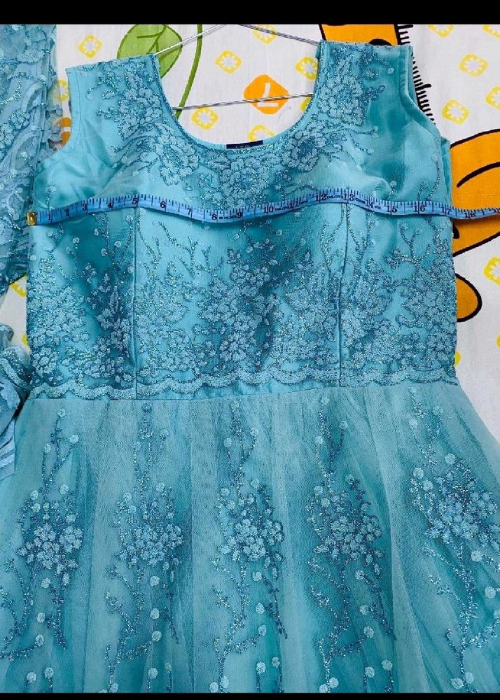 Aqua Floral Embroidered Tulle Gown