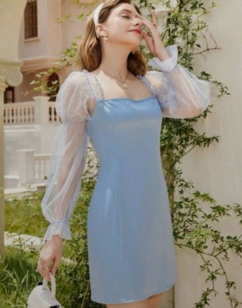 Blue Sheer Sleeve Mini Dress