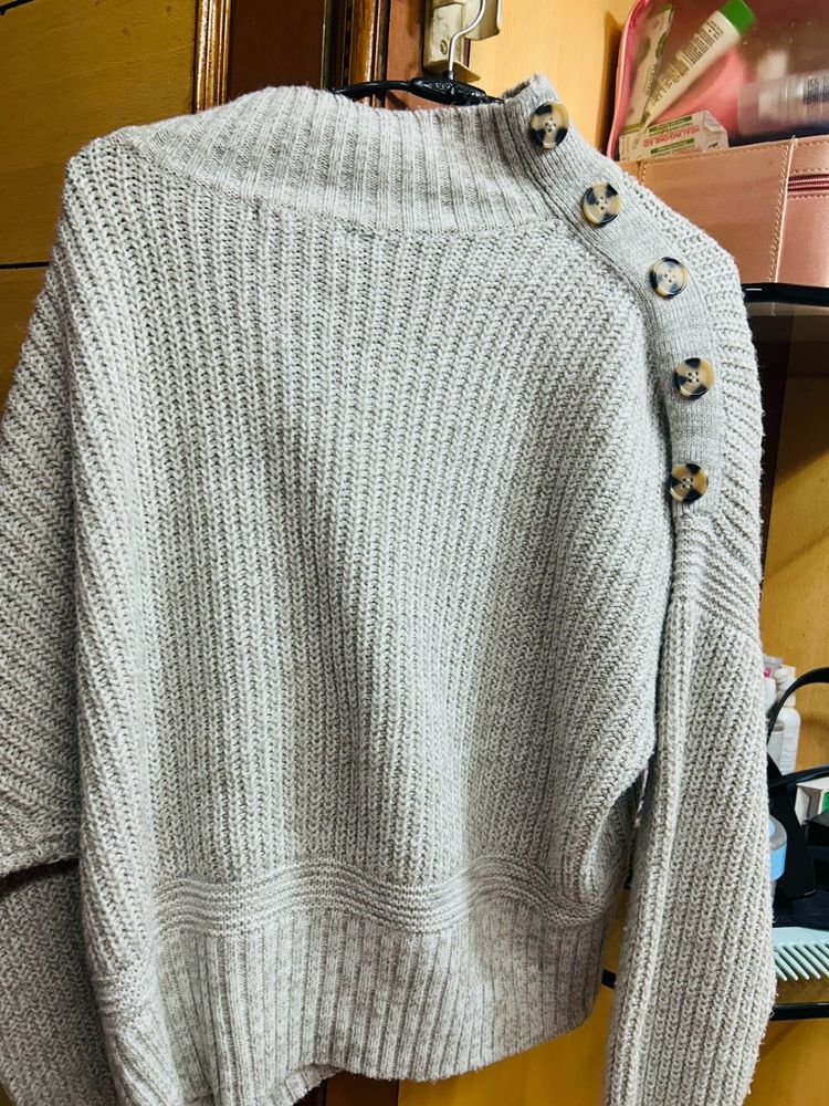 Grey Button Detail Knit Sweater