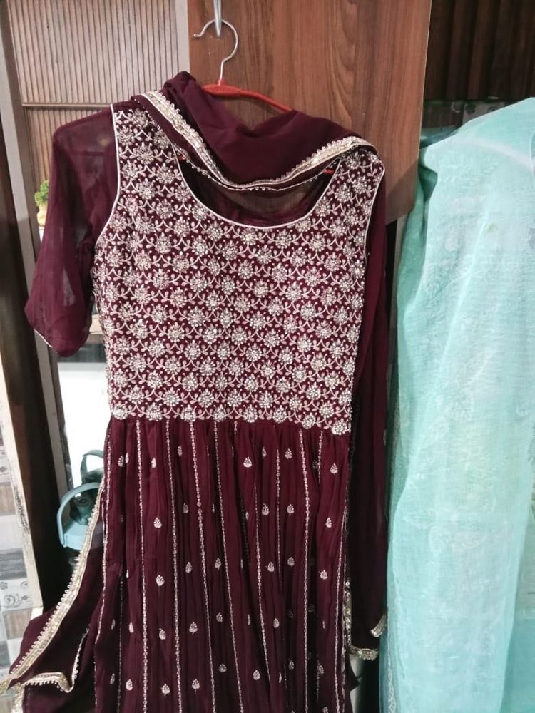 Elegant Maroon Embroidered Anarkali Dress