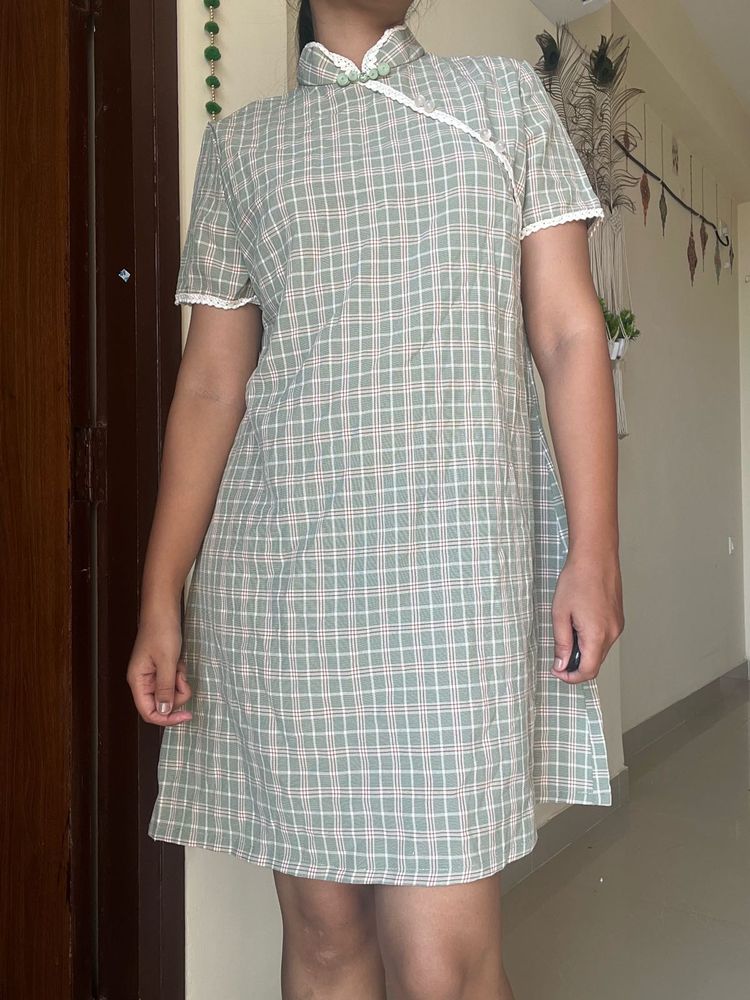 Green Plaid Cheongsam Mini Dress