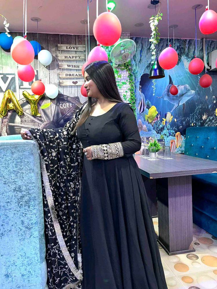Stylish Black Embroidery Work Gown Dupatta Set