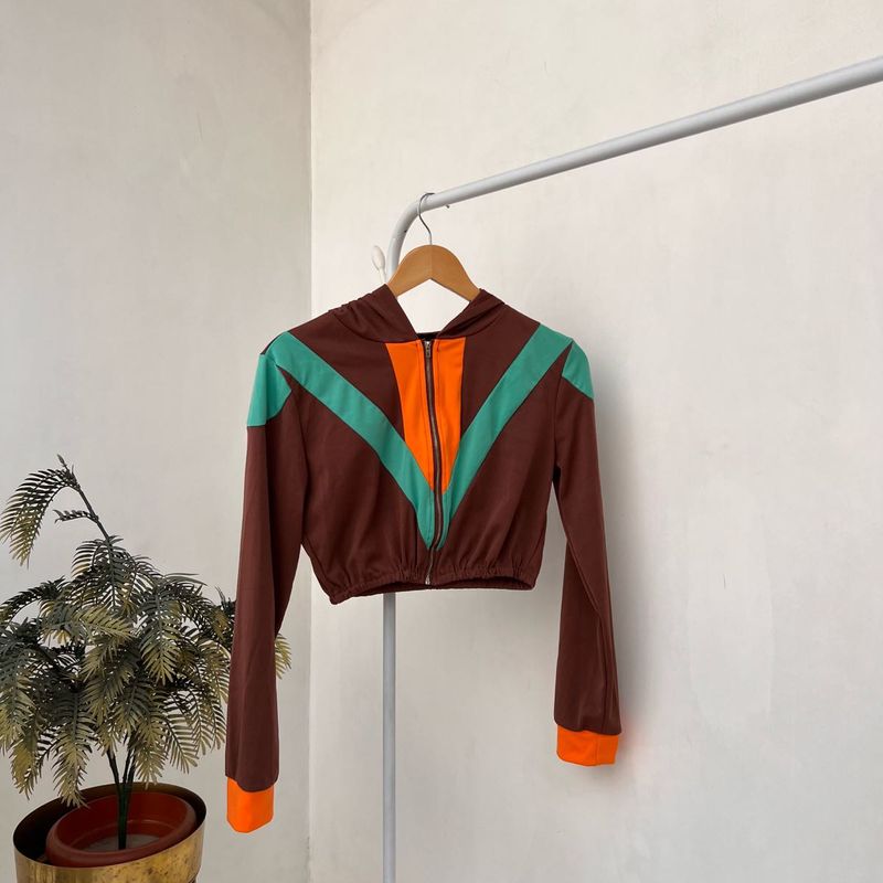 Retro Colorblock Cropped Hoodie