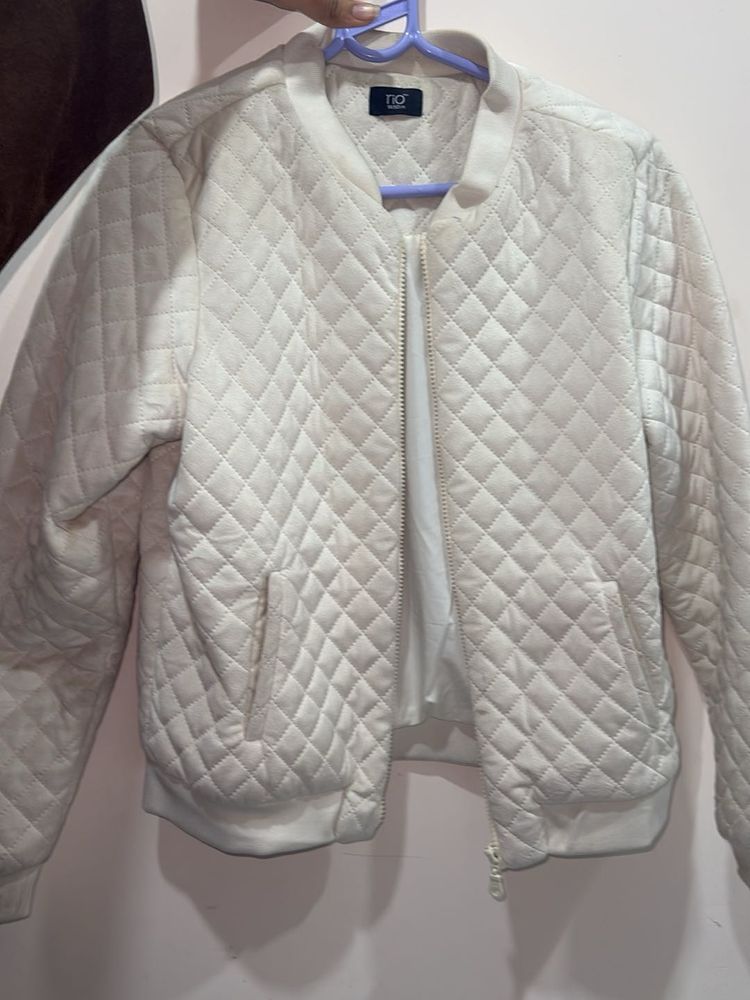 Ivory Quilted Bomber Jacket