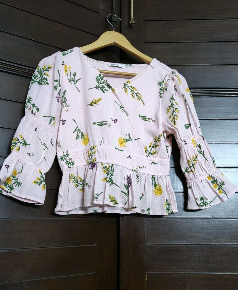 Only Brand Women Pink Floral Elastic Peplum Top