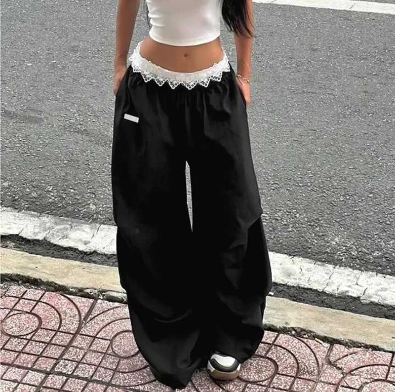 Baggy Black Pants with Lace Trim