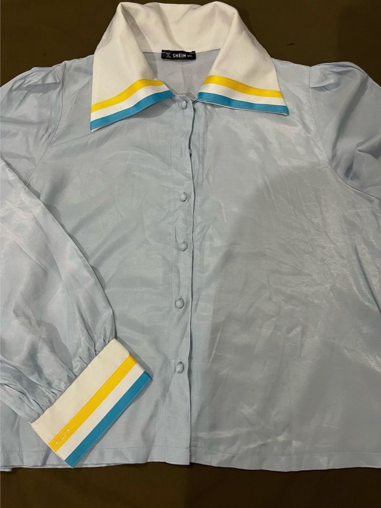 Shein Blue Striped Collar Blouse