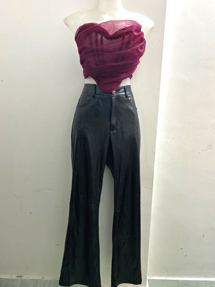 Maroon Top With Leather Pant Combo