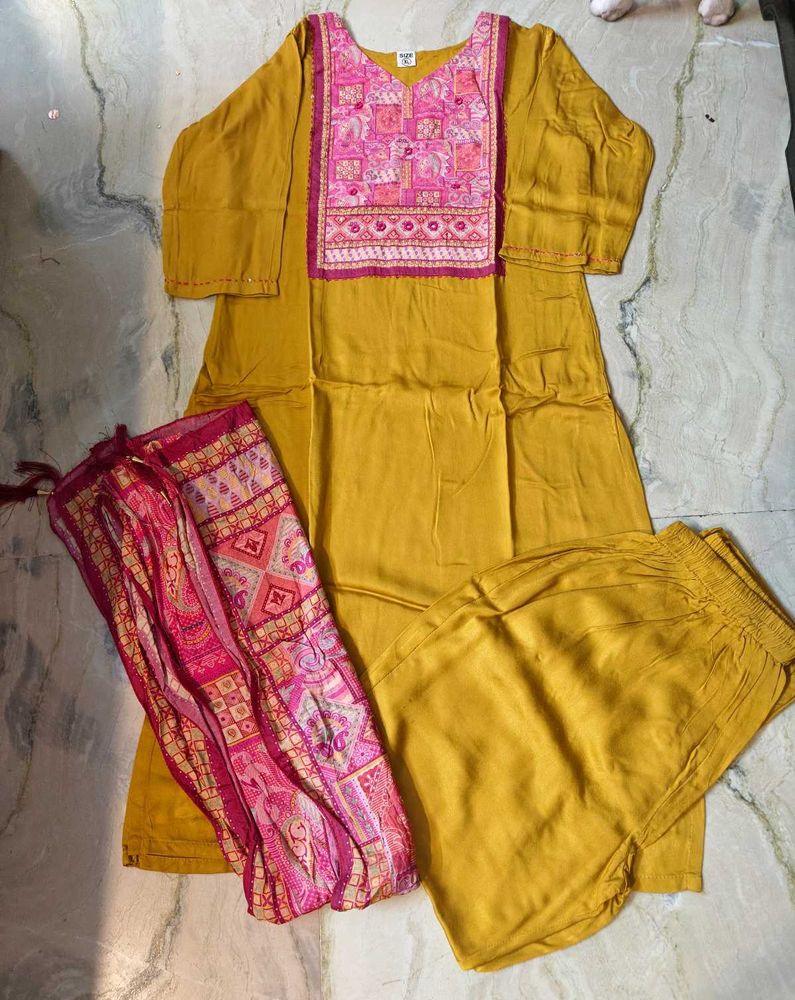 Gajji Silk Suit With Pant N Dupatta