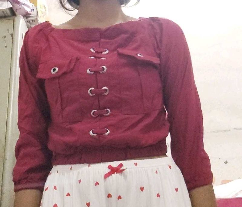 Maroon Crop Top And Bottom Pants
