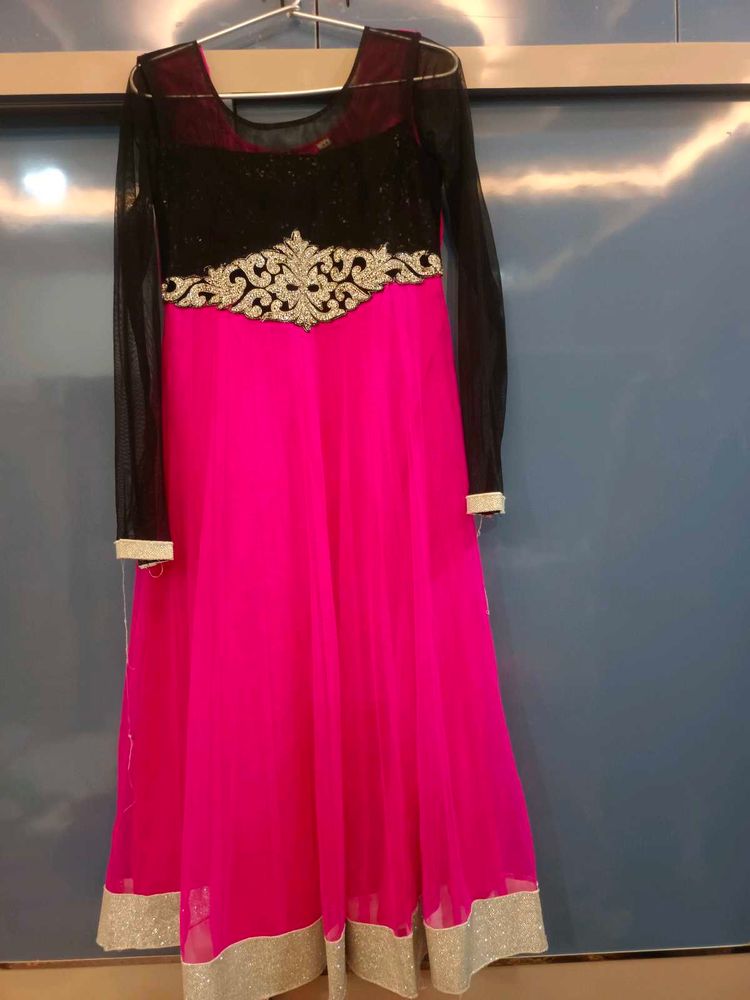 Elegant Pink &amp; Black Anarkali Dress