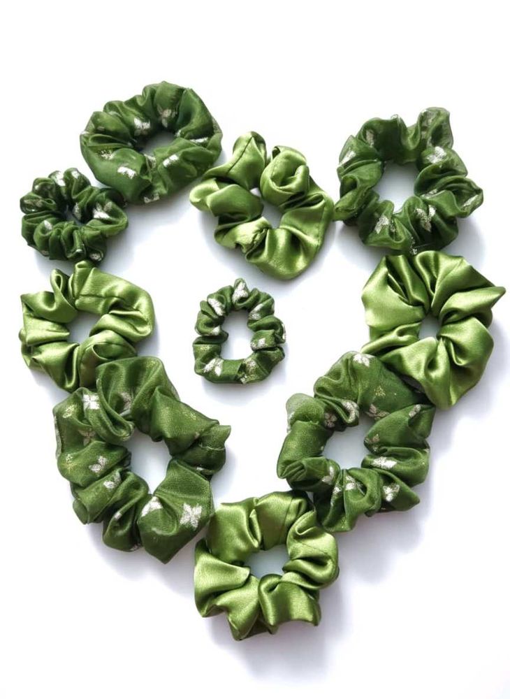 Set Of 10 Green Floral Scrunchies