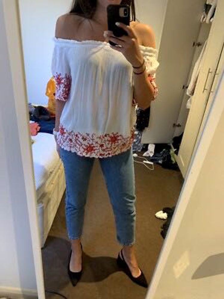 Off-Shoulder Embroidered White Top😍🩷
