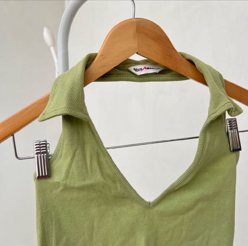Parrot Green V-neck Collar Top