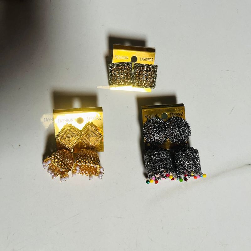 2 Ethnic Jhumka &amp; 1 Stud Earring