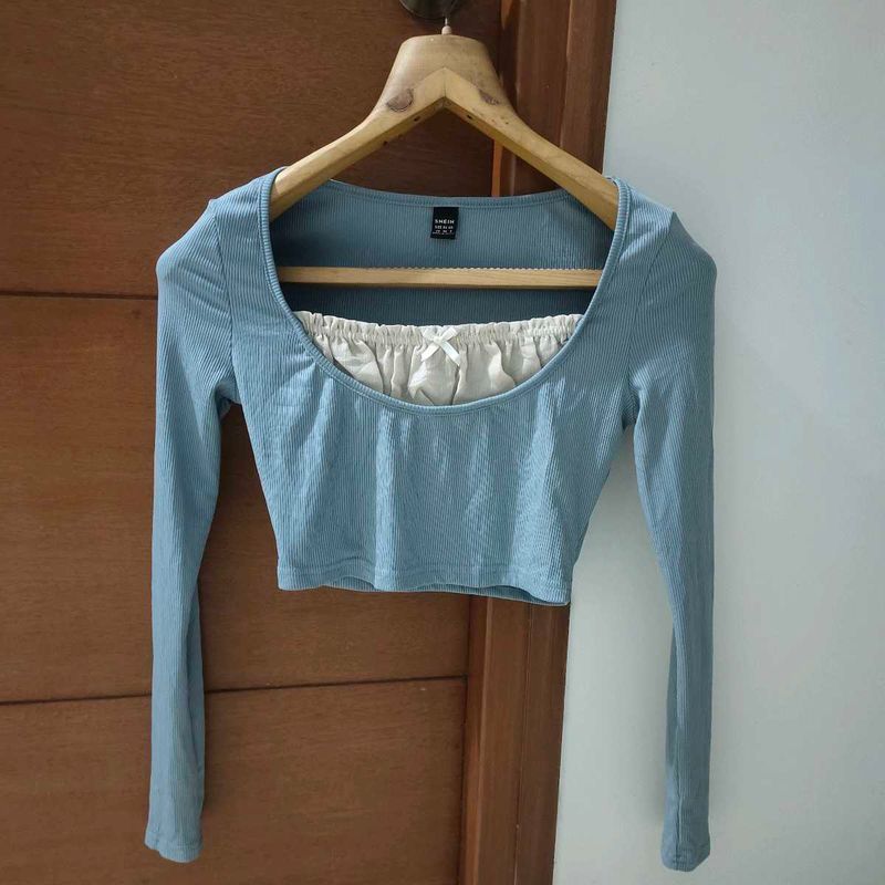 Blue Ribbed Long Sleeve Coquette Crop Top