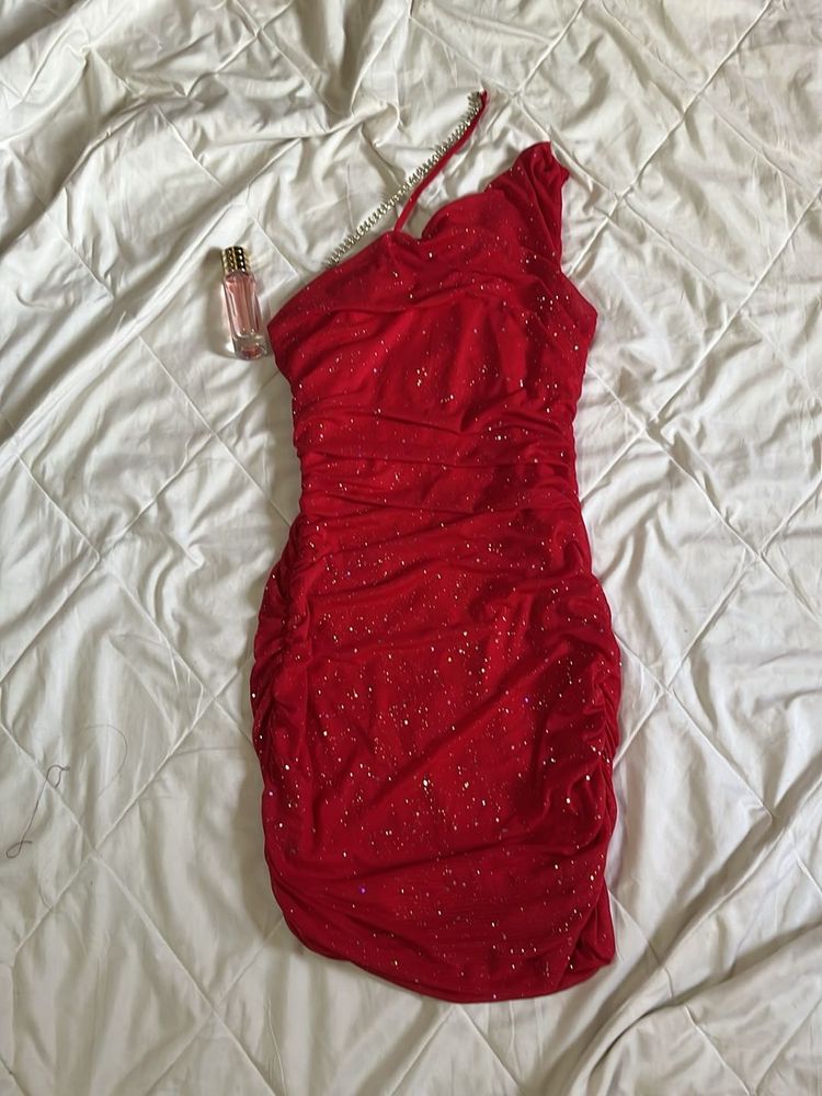 red ruched mini one shoulder dress