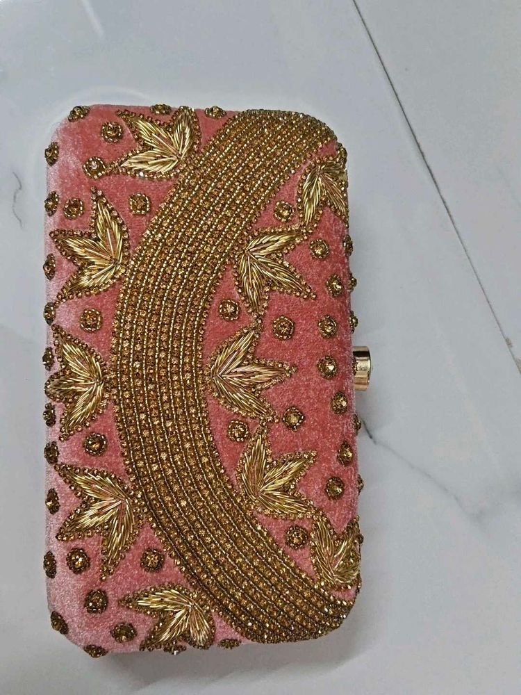 Pink Velvet Beaded Clutch