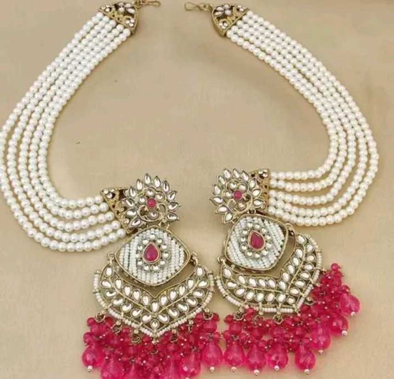 Rani Pink Earrings With Pearl Earchain