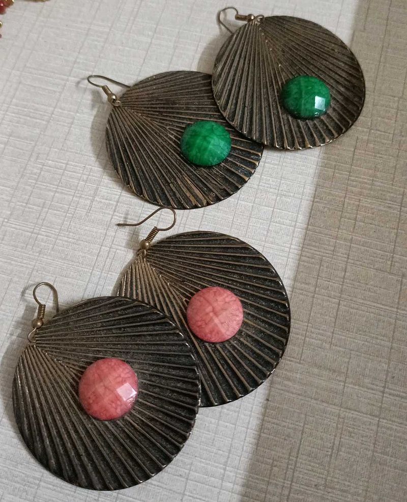 Disc Earrings - Green And Pink Stones