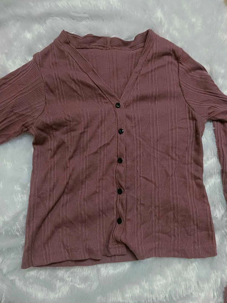Purple Ribbed Knit Cardigan Top