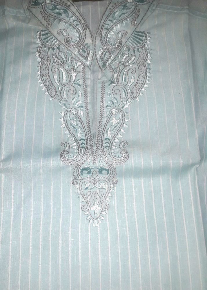 Light Sea Green Color Men&#39;s Cotton Kurta With Embroidery On Collar and Neck