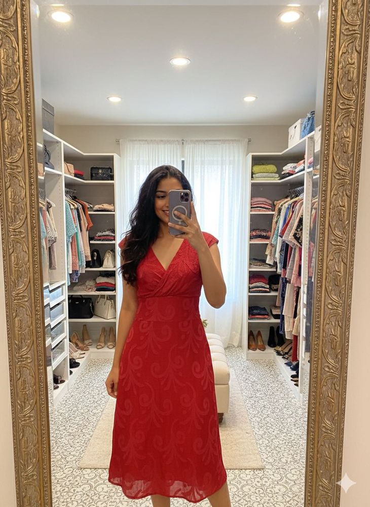 Pintrest Red Patterned Midi Dress