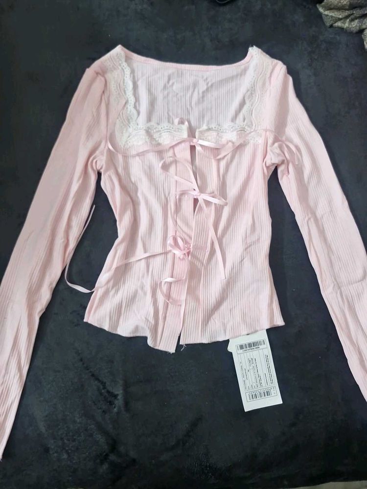 Pink Lace Trim Long Sleeve Top