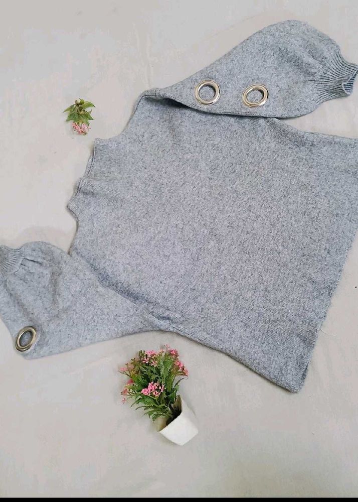Grey Knit Sweater with Grommet Detail