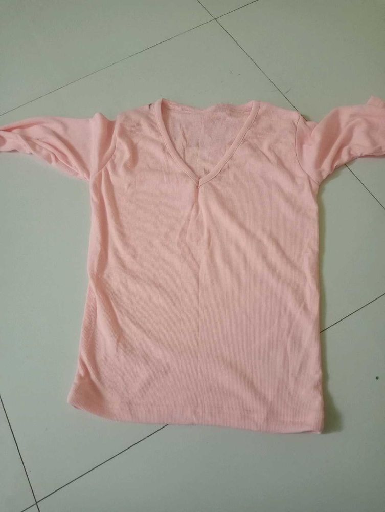 Pink V-Neck Long Sleeve Top